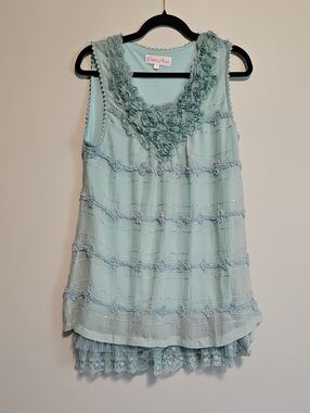 Pretty Angel Mint Blue Sleeveless Tiered Lace Trim Sleeveless Tunic